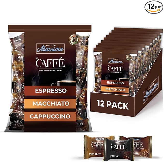 Maestro Massimo Assorted Coffee Candy - Individually Wrapped 7.05 oz Bag, 3mg Caffeine per Hard Candy, Original Espresso, Macchiato, Cappuccino Flavored, Made with Bold Arabica Coffee - Variety Pack of 12
