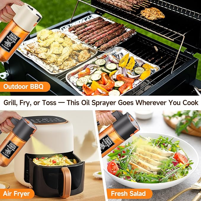 Oil Sprayer Set 16oz/500ml 2 Pack Glass Oil Spray Bottles for Cooking, Kitchen Oil Sprayer Set for Air Fryer Salad Grilling Family Use, UV Resistant Glass（Black+Beige）