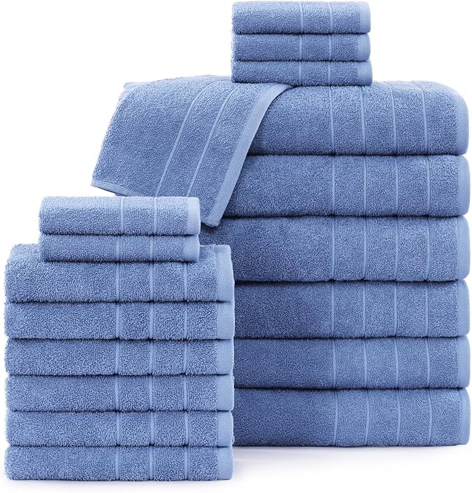 Casa Platino Cotton Bath Towel 18 Piece Set - Super Soft, Quick Dry & Absorbent - 6 Bath, 6 Washcloths, 6 Hand Towels for Bathroom - Hotel Quality & Suitable for Family - Cerulean Blue