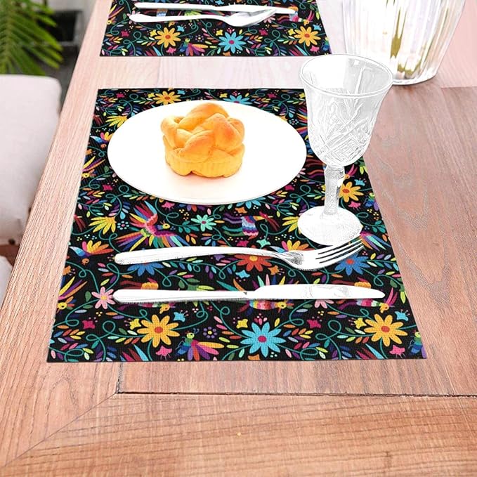 Mexican Folk Art Linen Placemats Set of 4, 12" x 18" Heat Resistant Washable Cute Kitchen Place Mats for Dining Table Fiesta Party FarmhouseCoffee Shop, Boho Home Decor & Gift for Cultural Art Lovers