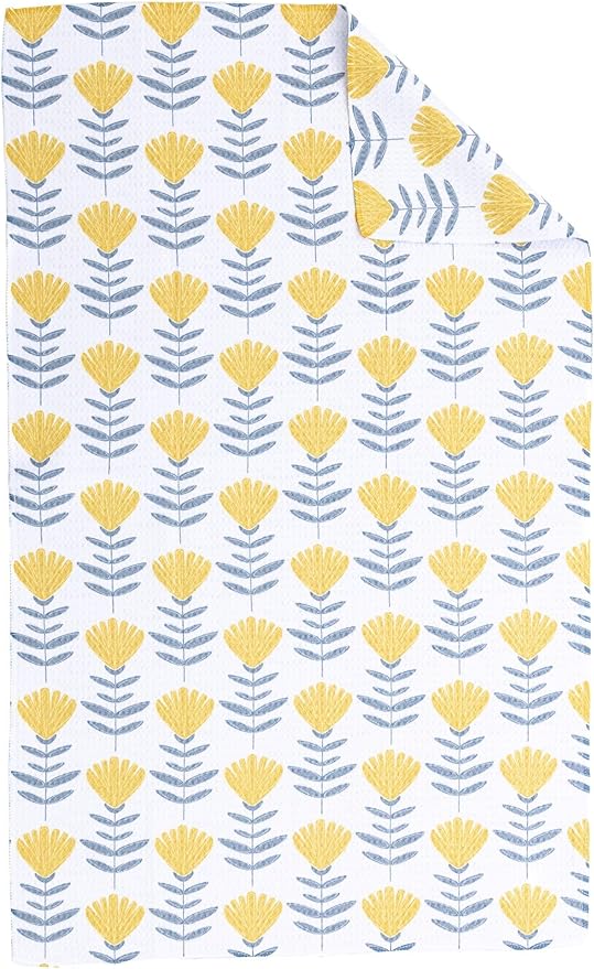Premium Kitchen Tea Towel | Microfiber Waffle Weave | Quick Dry | Super Absorbent | Double-Sided Designer Prints | 2 Pack (Yellow Bloom)