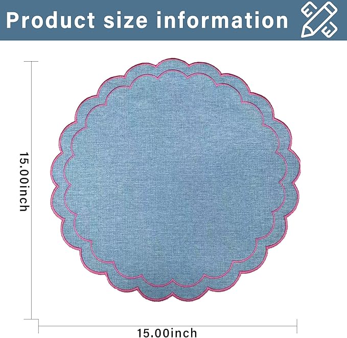 Linen Cotton Placemats Set of 4 Scalloped Flower Embroidery Place Mats 15'' Natural Linen Texture Fabric Machine Washable Table Mats for Restaurant Kitchen,Table Decor(Blue)