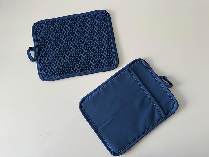 Oven Pot Holder with Pocket Cotton Heat Resistant Coaster Potholder Kitchen Hot Pad Oven Mitts for Cooking and Baking Square 7"x9" (Blue, Silicone)