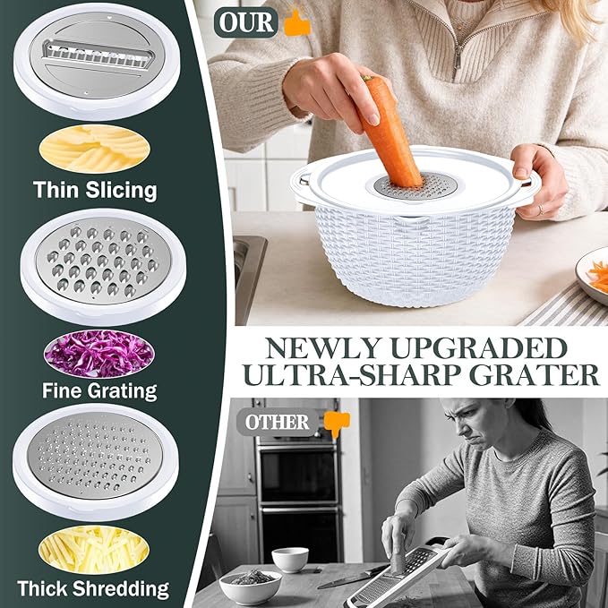 4-1 Colander with Bowl Set - Rotatable Colander for Kitchen(Patented) - Strainers and Colanders - Pasta Strainer with New Upgraded Graters for Fruit Veggie Fun Kitchen Presents - White