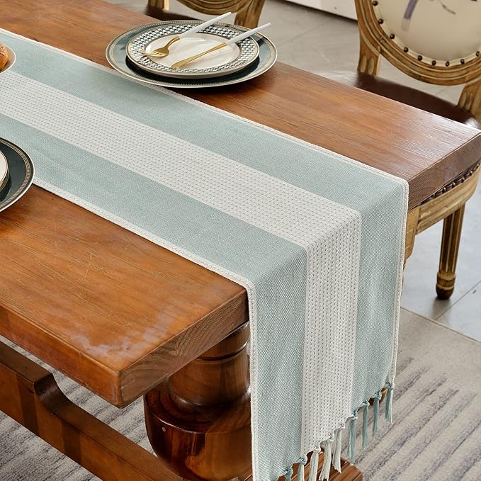 Wracra Linen Table Runner, Farmhouse Macrame Table Runners 36 Inches Long for Dining Table Decor, Wedding, Party and Dresser Decor (Aqua Blue,36")