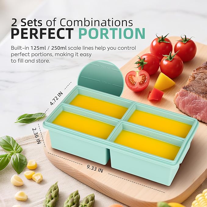 Silicone Freezer Trays with Lids - 1 cup soup freezer container large ice cube molds - with Reinforced Steel Ring Top, Silicone Freezer Containers, Freeze and Store Soups, Sauces, Leftovers-2 Packs
