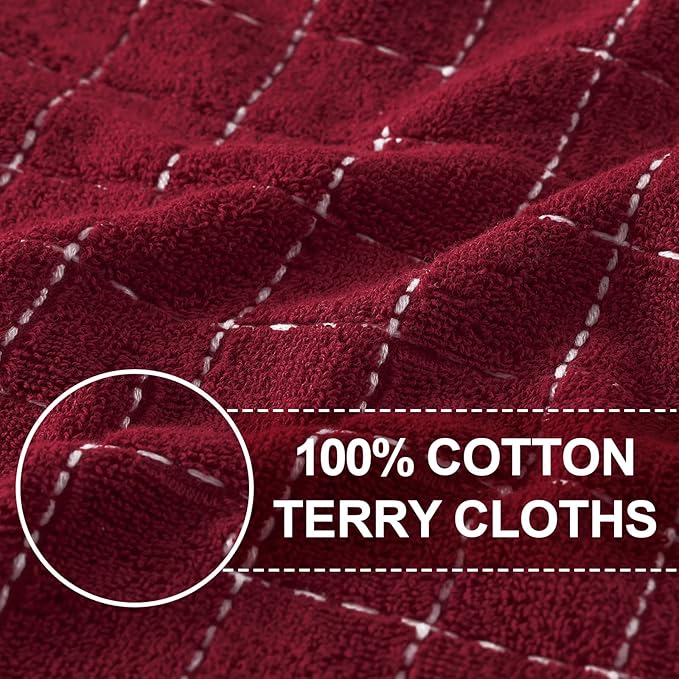 Homaxy 100% Cotton Terry Kitchen Towels(Burgundy Red, 13 x 28 inches), Checkered Designed, Soft and Super Absorbent Dish Towels, 12 Pack