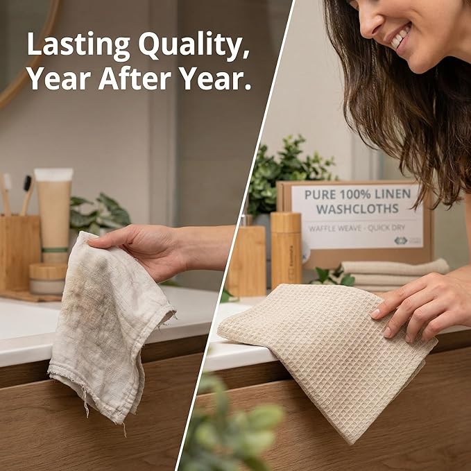 Flax Linen Washcloths for Bathroom - Waffle Washcloths 4-Pack 10x10 inch - Linen Face Cloths - Waffle Weave Cleaning Cloths with Loop - Exfoliating Face Towel for Women