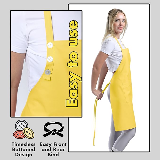 TOSHE Kitchen Apron Waterdrop Resistant Cotton Apron with adjustable Aprons for Women with Pockets 10 Color option Cooking Yellow Apron (Yellow)