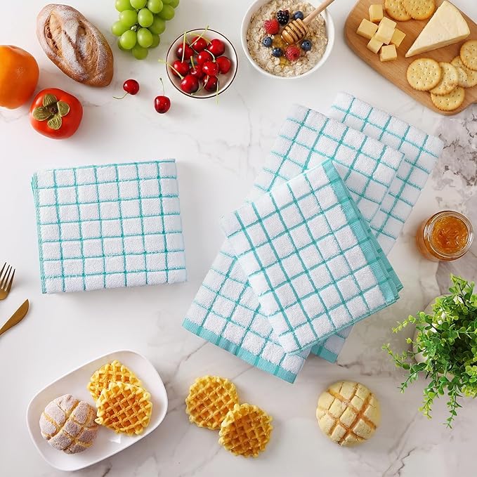 Homaxy Premium Kitchen Towels(16”x 28”, 8 Pack), Large Ring Spun Cotton Dish Towels, Super Absorbent Soft Terry Kitchen Hand Towels, Check Design Tea Towel Set with Hanging Loop, Aqua