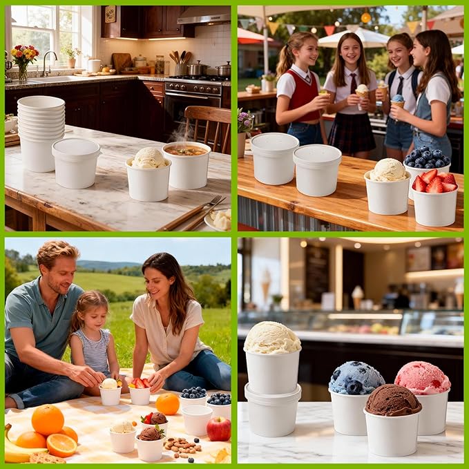 50 Pack 20oz White Paper Soup Containers with lids, Ice Cream Bowl with Lids, Disposable Ice Cream Cup Dessert Bowls for Party Supplies, Restaurants & Takeout