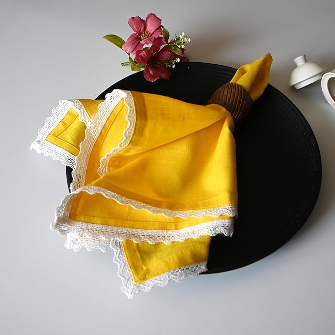 Fingercraft Dinner Cloth Napkin Cotton Linen Blend 12 Pack 12In Mitered Corners with Elegant Lace for Everyday Use Napkins Cloth are Pre Shrunk and Good Absorbency Yellow