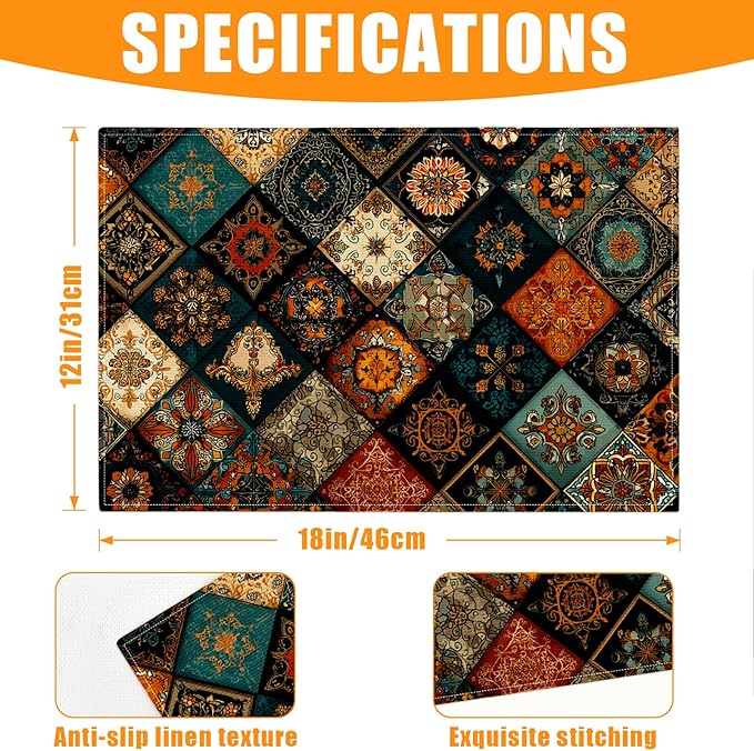 Colorful Bohemian Placemats Set of 6,12 x 18 Inch Table Mats Washable Heat Resistant Linen Fabric Rectangle Place Mat for Party Home Kitchen Dining