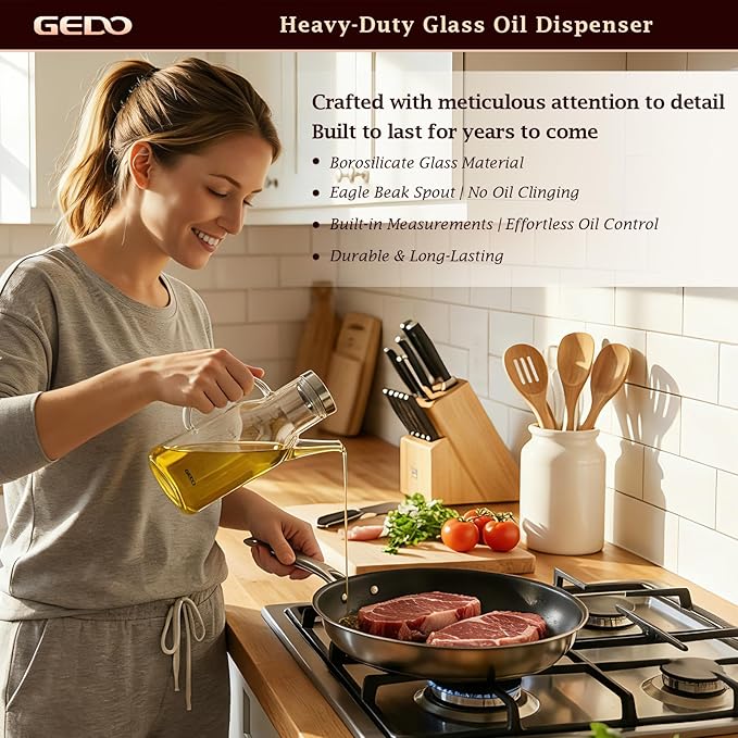 GEDO Borosilicate Glass Oil Dispenser, Eagle Beak Drip-Free Spout with Airtight Stainless Steel Lid, Measurement Markings & Ergonomic Handle, Multi-Purpose for Kitchen & Outdoor Picnic (0.58QT/550ml)