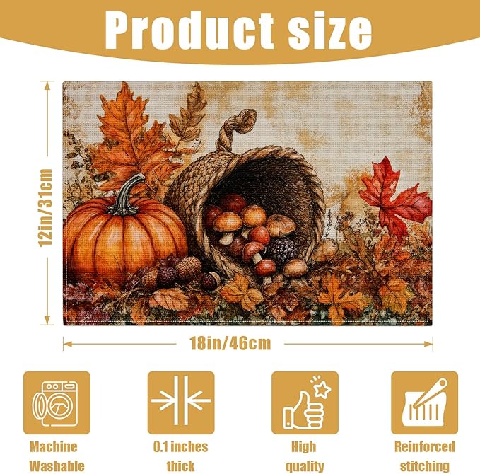 Fall Pumpkin Placemats Set of 6, Autum Mushroom Leaf Linen Place Mat Washable Stain Resistant Table Mats for Farmhouse Kitchen Dining Party Wedding Decor 12x18 Inch