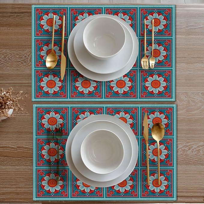 HOMETITUTE Placemats Set of 4 Linen 12x18 Inch Washable Table Mats Bright Bohemian Style Place Mats Colorful Autumn Placemats Decorative Kitchen Dining Table Set