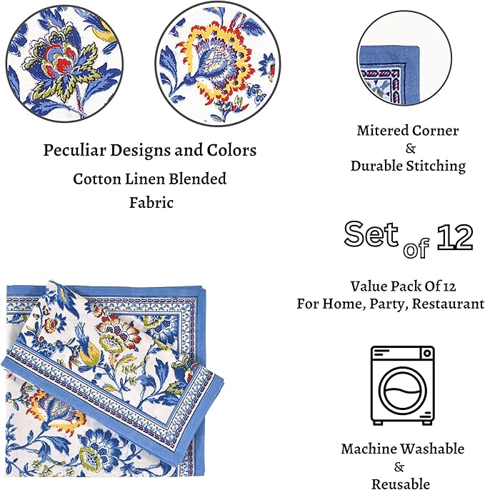 FINGERCRAFT Cloth Napkins, Set of 4 Cotton Linen Blend Printed Dinner Napkins Cloth Mitered Corner Perfect for Parties Dinners Weddings Cocktail Christmas Easter 20x20 Blue Floral
