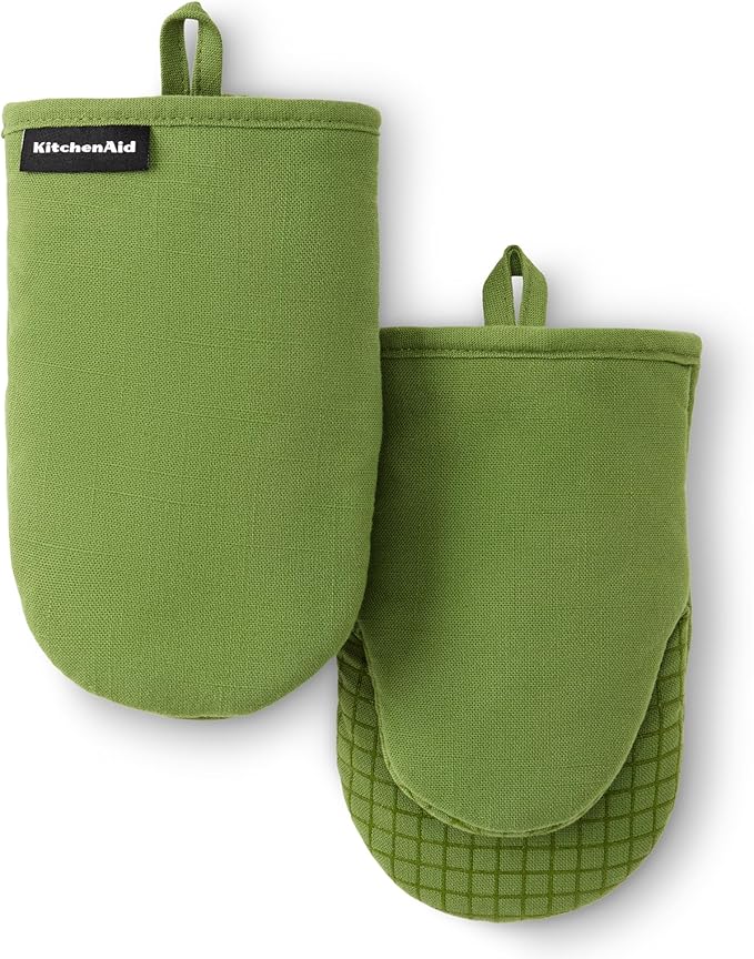 KITCHENAID Gourmet Series Gridlines Mini Oven Mitts 2-Pack Set, Heat Resistant up to 600°F, Soft Silicone Grip, Magnetic Cuff, Matcha Green, 5.5"x9"