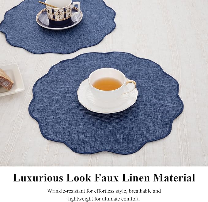 SHACOS Scalloped Round Placemats Set of 6 Polyester Linen Blend 15 inch Washable Non Slip Place Mats Easy Clean Heat Resistant Table Mats for Kitchen Dining Table Decor, Navy Blue