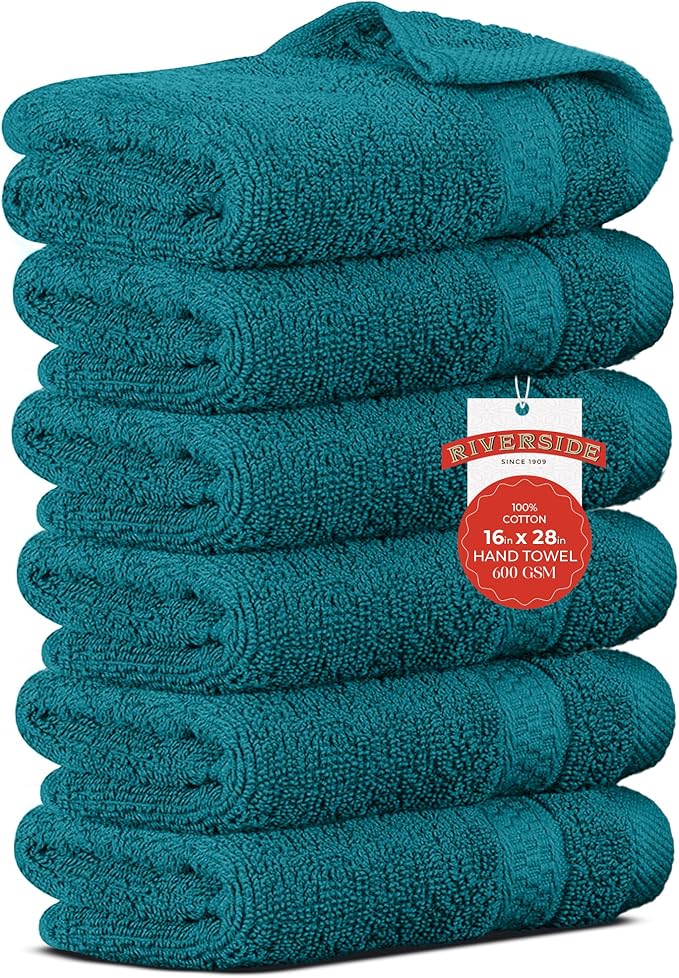 RIVERSIDE 6 Pack Premium Hand Towels Set, 16x28 inches, 100% Ring Spun Cotton, 600 GSM, Soft, Quick Dry and Highly Absorbent, Towels for Bathroom, Kitchen, Gym, Spa - Teal