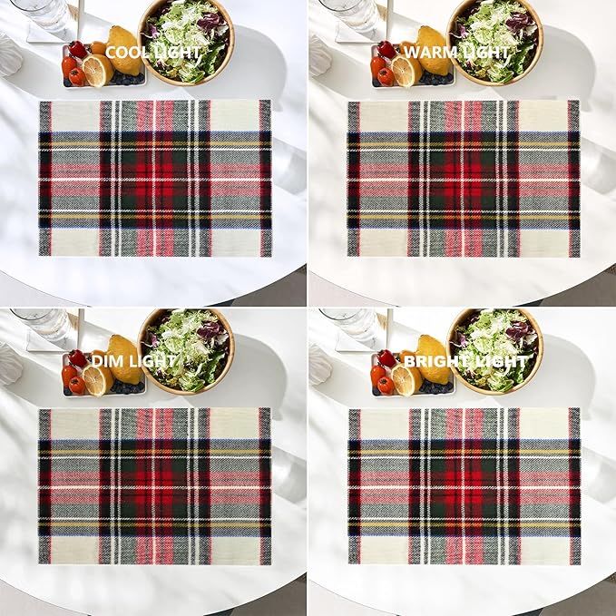Batmerry Scottish Tartan Placemats, Green Wool Plaid Symmetric Square Fashion Washable Linen Table Mats for Kitchen Table Double Insulation Decor Dining Set Indoor Outdoor 12X18 in Set of 8