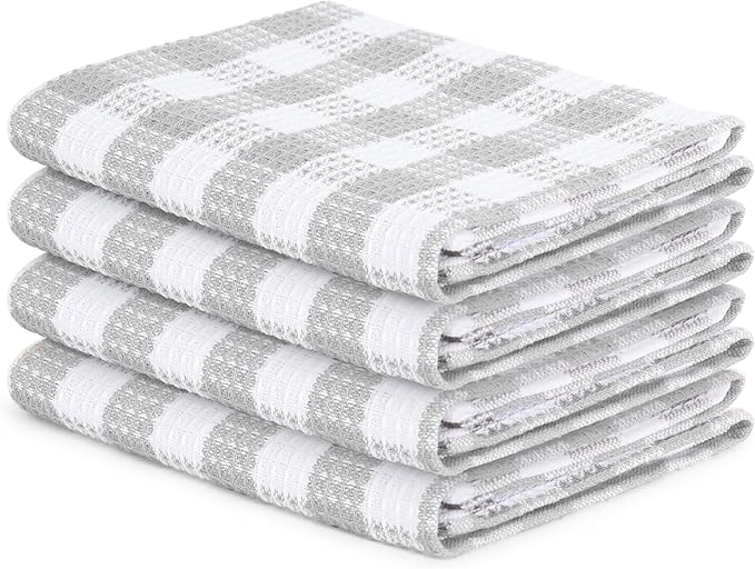 Blue Needles Set of 4 Waffle Weave Kitchen Towel, 15x25 Inches 100% Cotton Check Plaid Dish Towels for Kitchen, Soft & Absorbent for Quick Drying with Hanging Loop, Spring Summer - Ash Grey & White