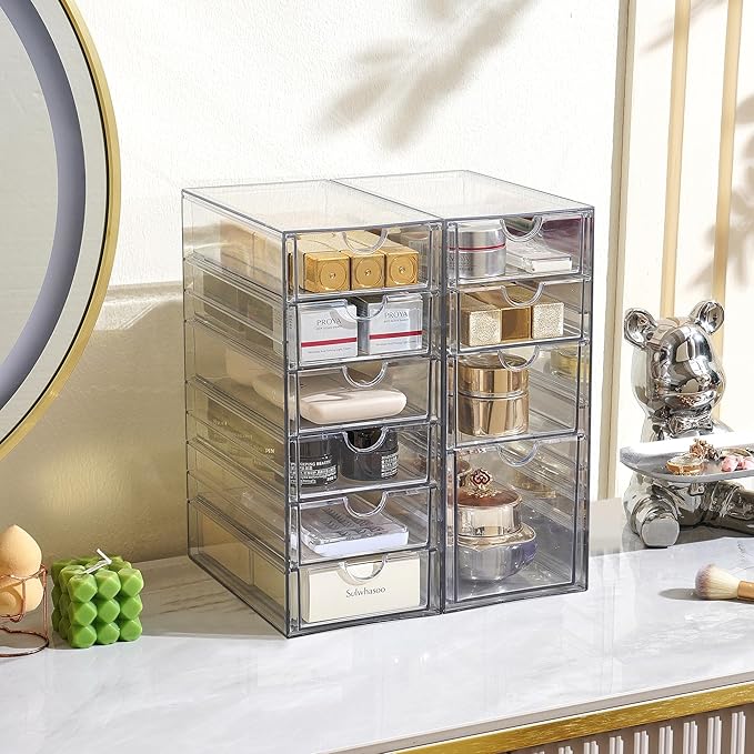 Prsildan Acrylic Drawer Makeup Organizer with 10 Drawers, Set of 2 Office Desk Organizers Accessories, Clear Stackable Storage Drawers for Vanity, Countertop, Craft, Jewelry, Art Supply Organization