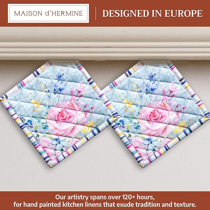 Maison d' Hermine Pot Holders 100% Cotton Heat Resistant Potholders 8" x 8" Hot Pads with Loop Baking Gifts for Mothers Day Handling Hot Pans Spring/Summer (Pack of 2, Sweet Rose Lavender - Lush)