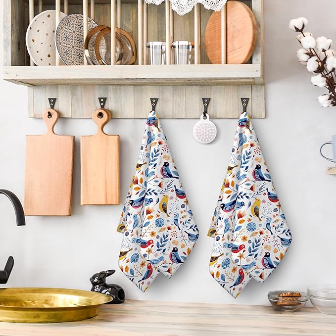 Floral Birds Kitchen Towels Decorative Set of 2 with Hanging Loop, Absorbent Spring Summer Dish Towels for Kitchen,Birds Lover Gifts Farmhouse Tea Towels Hand Towels for Kitchen Decor