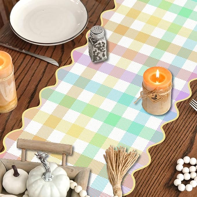Easter Buffalo Plaid Table Runner Farmhouse Gingham Kitchen Dining Table Centerpiece Pastel Spring Summer Checkered Decor Happy Easter Decorations for Home Party-72 Inches Long