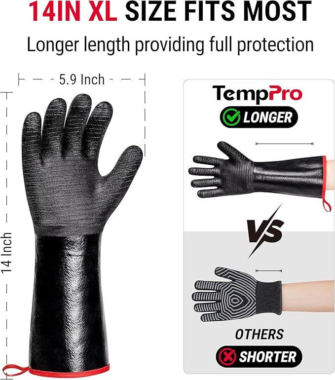 TempPro 932°F Heat Resistant BBQ Gloves, 14" Waterproof Oven & Grill Gloves, Oil & Slip-Resistant Neoprene Oven Mitts for BBQ, Fire Pit, Rotisserie, Smoker Accessories Gifts (Previously ThermoPro)