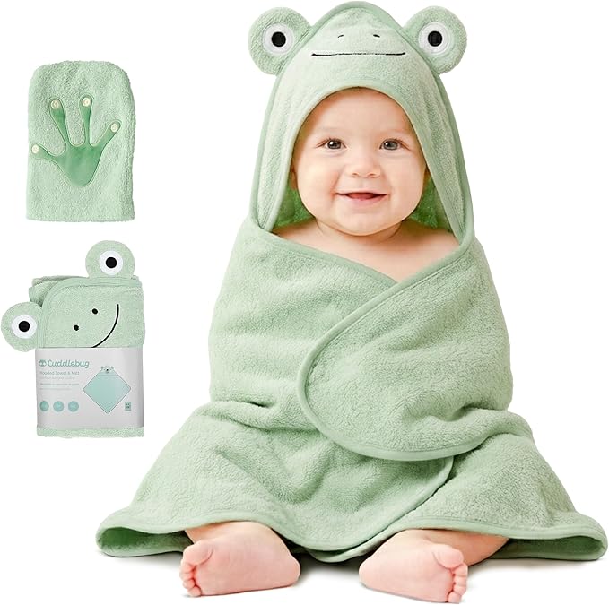 CuddleBug Premium Hooded Baby Bath Towel & Washcloth Set (Bear) - 100% Cotton Terrycloth Hooded Baby Towels for Newborn & Toddler - Super-Soft & Absorbent, Newborn Essentials (33" x 33") - Sage Green