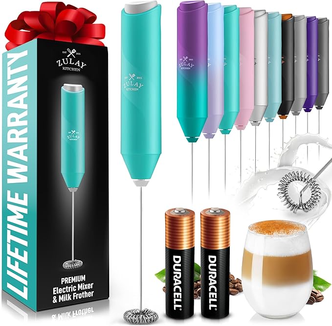 Zulay Kitchen Powerful Milk Frother AA Batteries Included – Ultra Fast Handheld Drink Mixer with Stainless Steel Whisk Stirrer for Coffee, Protein, Matcha & More, Frother Wand Electric Frothmate Aqua