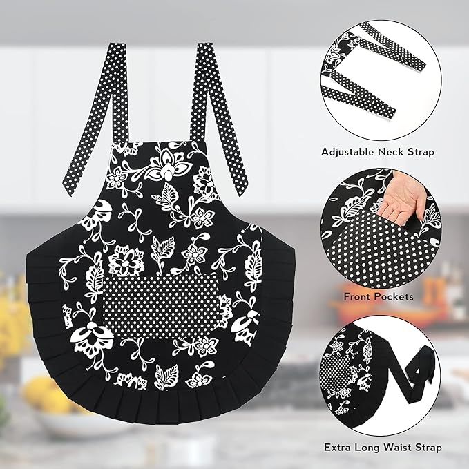 G2PLUS Vintage Floral Kitchen Apron for Women, Black Pleated Hem Cooking Apron with Pocket, Retro Cotton Apron for Kitchen and Home Use (29 x 21 inch)