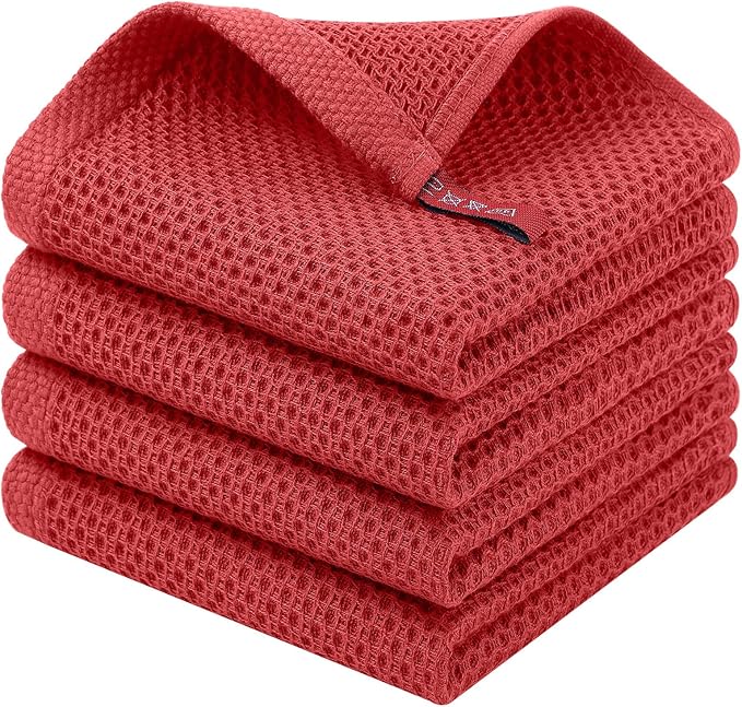 Homaxy 100% Cotton Waffle Weave Kitchen Dish Cloths, 4-Pack Ultra Soft Absorbent Dish Towels, Quick Drying Dish Rags, 12 x 12 Inches, Brick Red