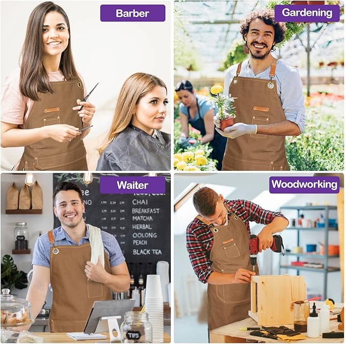 Genixart 6 Bulk Pack Chef Apron for Men Women with Pockets, Cross Back Apron for Kitchen Cooking Baking Artist Painting, Cotton Canvas Work Aprons for Restaurant, Cafe Shop, Garden (Brown, M to XXL)