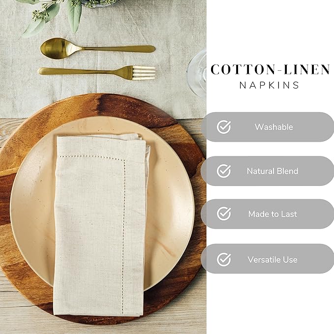 Ramanta Home Decorative Cloth Dinner Napkins Set of 4, 20x20 Inch Natural Hemstitched Flax Cotton Napkins with Mitered Corners, Oversized Use, Parties, Weddings, Spring, Easter Cloth Napkins