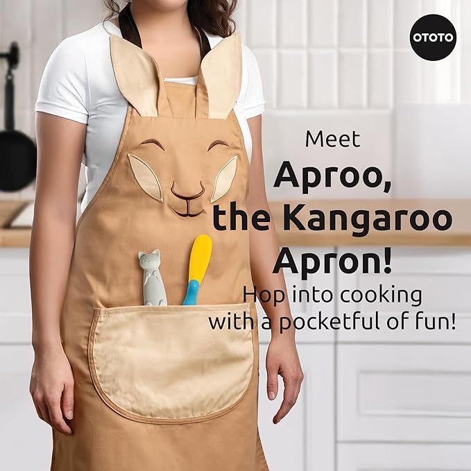 OTOTO Aproo Cooking Apron – Cute Kitchen Apron with Pockets, Funny and Giftable Kitchen Accessories, Kangaroo Design - Kitchen GIfts, Funny Gifts, White Elephant Gifts (Brown Aproo Only)