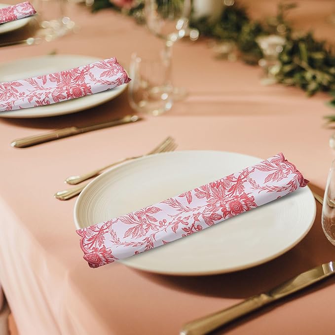 Ridhi Hand Block Print Peach Coral 18" x 18" (Set of 4) Embroidery Table Napkins Reusable Cotton Dinner Napkins for Weddings, Parties, Everyday Dining Gift for Spring, Easter, Valentine