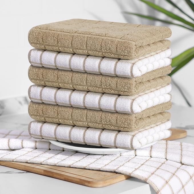 Homaxy Premium Cotton Kitchen Towels 16"x 28", Large Natural Ring Spun 390 GSM Dish Towels, Super Absorbent Terry Kitchen Hand Towels, Soft Tea Towels with Hanging Loop, Tan Check Design, 6 Pack
