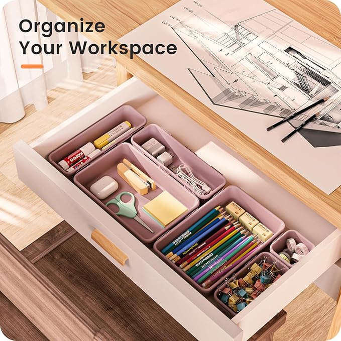 【𝟮𝟴𝗣𝗖𝗦】 【𝟱𝗦𝗶𝘇𝗲】 Purple Drawer Organizer, Makeup organizer, 【Holds 177 Items】 Bathroom Organizers and Storage, Plastic Desk Organizer Divider, Organizer Bins for Office Vanity A-LUGEI