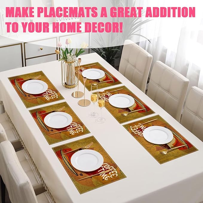 Coffee Time Placemats Set of 6,12x18 Inch Linen Place Mat Washable Stain Resistant Table Mats for Spring Summer Seasonal Farmhouse Kitchen Party Home Decor