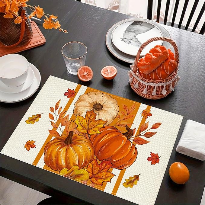 Niviy Pumpkins Thanksgiving Fall Maple Leaves Placemats Set of 4, 12x18 Inch Autumn Thanksgiving Indoor & Outdoor Table Mats for Holiday Party Kitchen Dining Room Decoration
