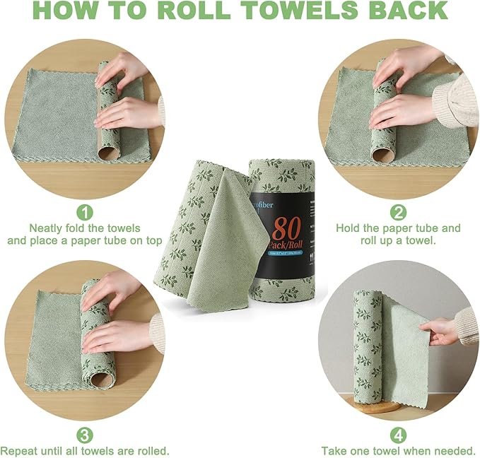 Microfiber Cleaning Cloth Roll,80 Pack Cleaning Towels,Lint Free Rags Paper Towels & Tear Away Reusable Towels,Washable Shop Rags Floral Wipe Cloth,Wash Cloths Dish Rags for Car Kitchen Window