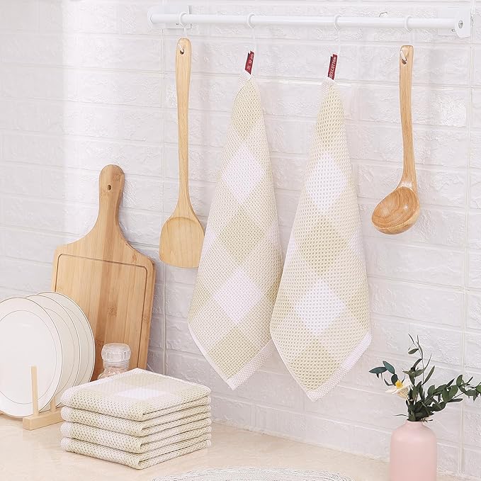 Homaxy 100% Cotton Waffle Weave Check Plaid Dish Cloths, 12 x 12 Inches, Super Soft and Absorbent Dish Towels Quick Drying Dish Rags, 6-Pack, White & Beige