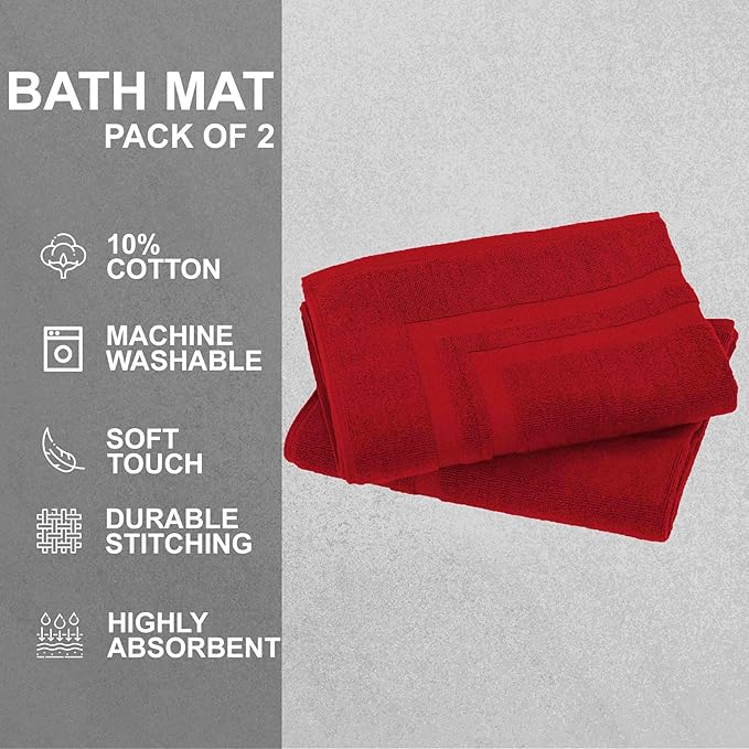 GOLD TEXTILES Premium Red Bath Mat - 2 Pack 22x34 Inches - Not a Bathroom Rug - 100% Ring Spun Cotton - Highly Absorbent & Non Slip Shower Bathroom Floor Mat Towel - Machine Washable