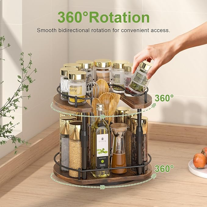 Across-Star Lazy-Susan-Spice-Rack -Organizer For Cabinet With Adjustable Height, 12 inch Rotating Seasoning Holder Spice Organization For Pantry, 2-Tier Kitchen Counter Shelf Countertop Organizer