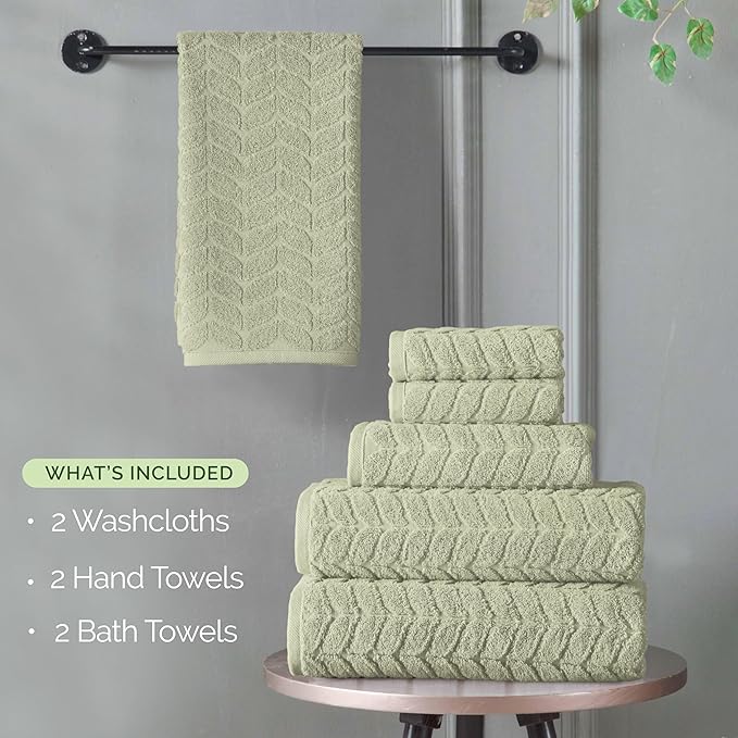 Elegant Comfort Luxury 6-Piece 100% Turkish Cotton Jacquard Braided Textured Premium Hotel Quality Towel Set– Soft and Absorbent, Includes 2 Bath Towels, 2 Hand Towels and 2 Washcloths, Jade Green