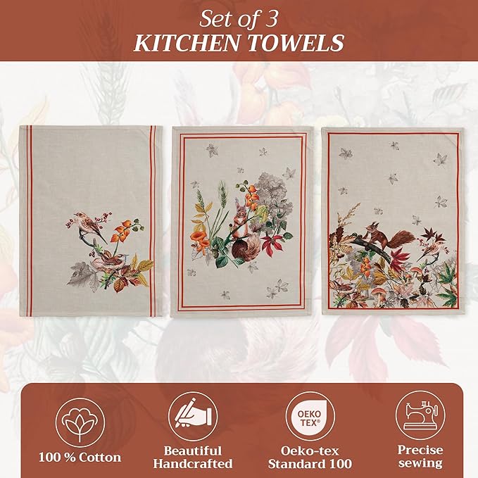 Maison d' Hermine Kitchen Towels Set of 3 100% Cotton 20" x 27.5" Reusable Cloth Tea Dish Towels Absorbent with Hanging Loop for Kitchen Dining Thanksgiving Christmas Decorations (Recolte)