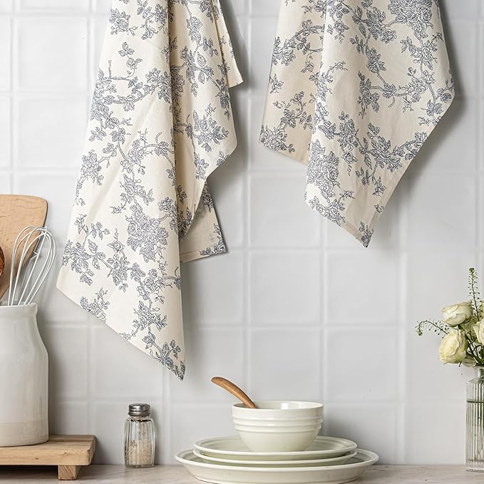 100% Cotton French Pastoral Kitchen Towels Set of 2, Decorative Flour Sack Tea Towels with Hanging Loop 18x25 Inch Absorbent Dish Cloths Farmhouse Home Decor, Blue